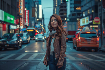 Fototapeta premium Young adult woman portrait with a city scene background.