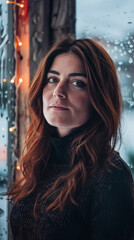 Obraz premium Young adult woman portrait with a city scene background.