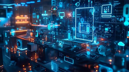 Fototapeta premium A futuristic home office with holographic AI icons floating above the desk, surrounded by advanced tech gadgets and digital data visualizations,