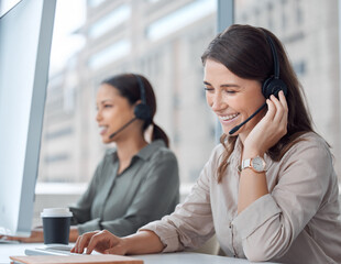 Computer, call center and telemarketing of business woman with web help conversation with coworking. Customer service, crm and smile of a digital support agent in office with communication and advice