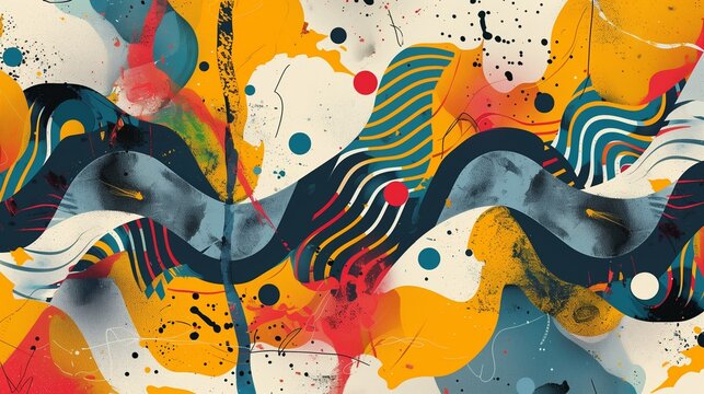 Geometric patterns intertwining with splashes of yellow, orange, and blue, forming a dynamic vector illustration with a hipster vibe