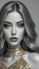 Portrait of beautiful young woman with evening make-up and golden jewelry