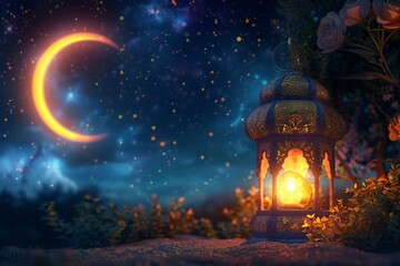 Ramadan Kareem background,  Lantern with burning candle in the forest