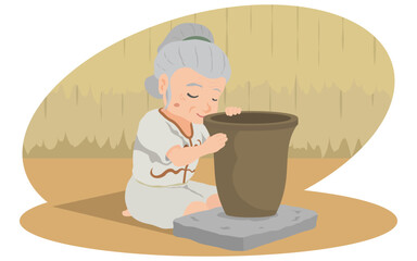 土器を作る縄文時代のお婆さん