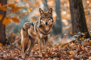 Naklejka na ściany i meble Portrait of a wolf in the autumn forest, Wolf in the nature