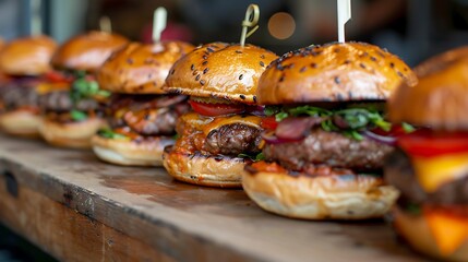 Close up image of a selection of freshly flame grilled burgers in a row on a wooden counter at borough market - Powered by Adobe