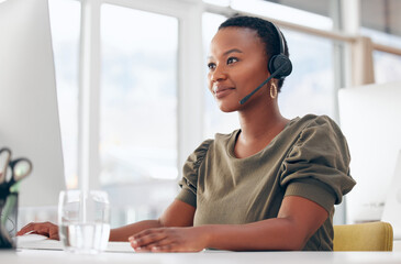 Call center, business and black woman in office consulting for contact us, crm or faq support. Customer service, telemarketing or friendly lead generation consultant with virtual, help or b2b advice - obrazy, fototapety, plakaty