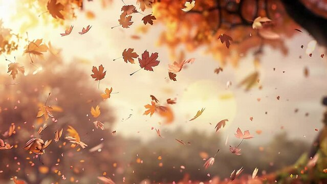 Autumn leaves background, autumn trees with leaves flying in the sky