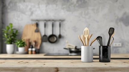 Contemporary kitchen background with kitchen utensils standing on wooden countertop front view