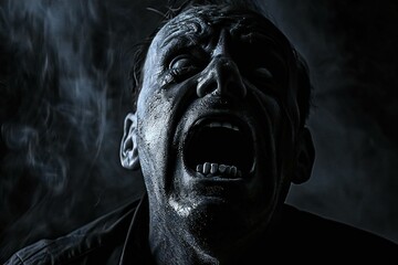 Screaming man with black paint on his face, studio shot - obrazy, fototapety, plakaty