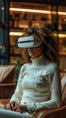 A woman wearing a white sweater and a virtual reality headset
