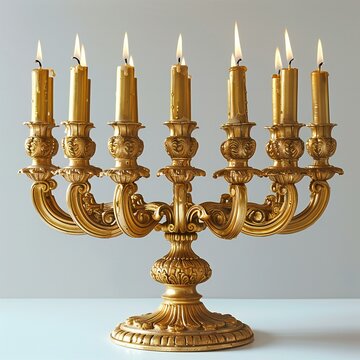 Gold Hanukkah candelabrum with burning candles on gray background