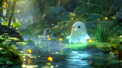 ovely cute glowing ghost in a magical swamp animation style character - obrazy, fototapety, plakaty