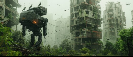 A robot is walking through a city with tall buildings and a lot of greenery - obrazy, fototapety, plakaty