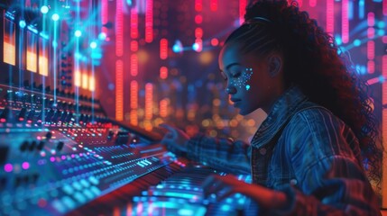 A woman is playing a keyboard in a studio with a neon light background - obrazy, fototapety, plakaty