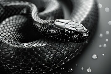 Black snake on a black background with water drops,  Close-up - obrazy, fototapety, plakaty