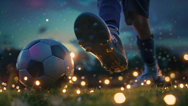 Pulling focus to a teenagers foot kicking a soccer ball surrounded by fireflies at twilight. Tracking shot in slow motion freezing the action.