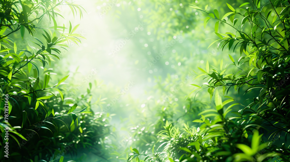 Poster sunlight filters through dense green foliage in a tranquil forest setting, evoking a serene and refr