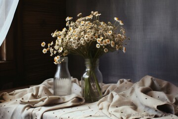 Still life with bouquet of chamomile flowers in vase on table
