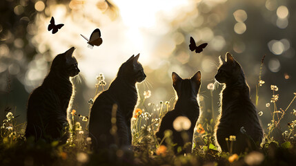 Silhouettes of cats with butterflies, generative Ai
