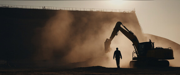 A silhouette of a person standing in front of a giant digital screen with Excavator Loading Sand In Industrial Truck - obrazy, fototapety, plakaty