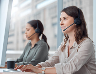 Coworking, call center and online business woman with web help email at computer. Customer service,...