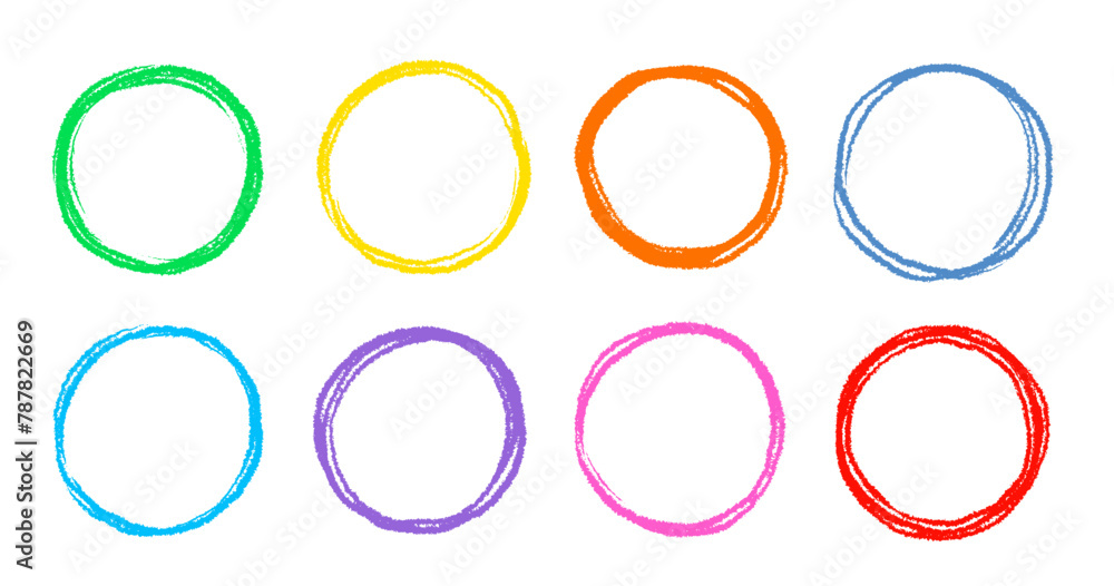 Aufkleber Scribble circle round vector frame. Hand drawn rough scribble effect line. Children color crayon brush stroke frame. Scribble hand drawn grunge doodle color circle set. Vector illustration
