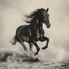 Wild horse leap in dust, black horse.