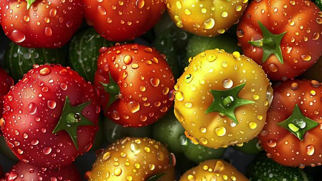 Fresh vegetables such as red, orange, and yellow tomatoes and cucumber with sparkling raindrops