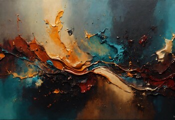 abstract painting done in dutch pouring style with texture and depth dark colours, metal background...