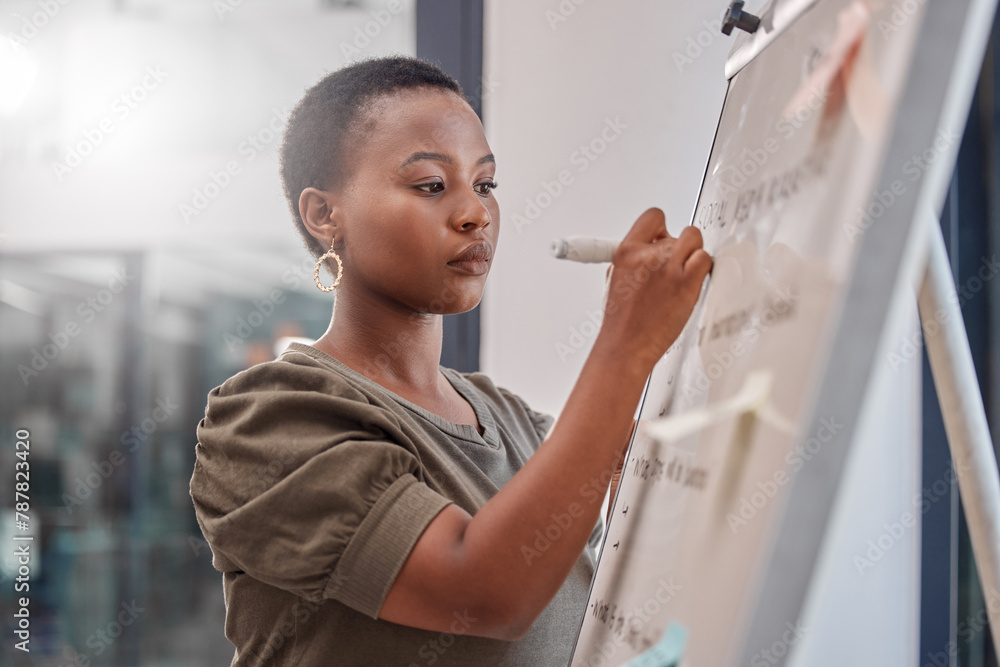 Poster writing, board and business black woman with notes for planning, brainstorming ideas and problem sol
