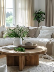 Cozy Living Room with White Sofa and Wooden Coffee Table