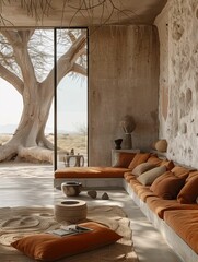 Fototapeta na wymiar Modern Desert Home Interior with Earth Tones and Natural Light