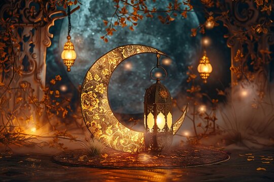  illustration of Ramadan Kareem background with crescent moon and lanterns