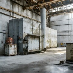 An industrial scene with gritty concrete walls and industrial equipment covered in grime, depicting the rough beauty of manufacturing environments.
