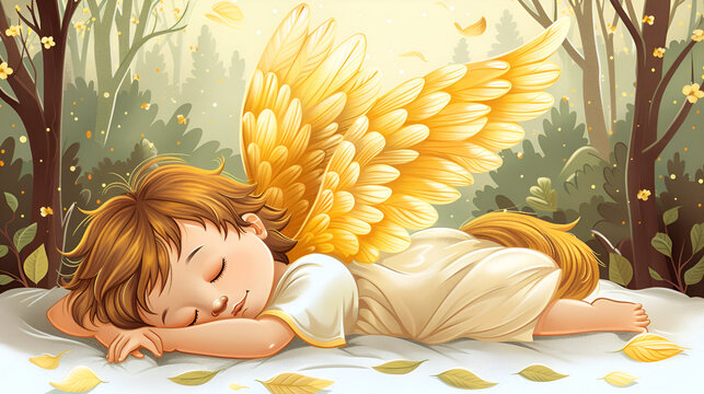 Sleeping cute little angel illustration, generative Ai