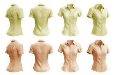 2 Set of woman pastel light yellow orange button up short sleeve collar slim fitting shirt front, back side view on transparent background cutout, PNG file. Mockup template for artwork graphic design