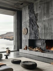 Modern Living Room with Concrete Fireplace and Ocean View