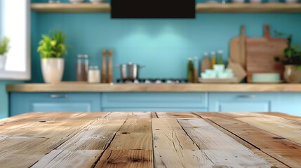 Empty wooden countertop with defocused kitchen blue background