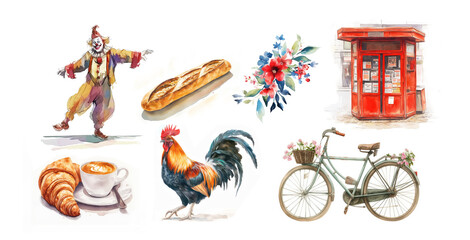 Set of symbols of France, Paris for design. Watercolour isolated illustrations on white background. Food and People. Bright tones. 