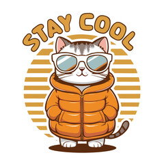 A cute cartoon illustration of a CAT wearing a puffy coat AND SUN GLASES with the text 
