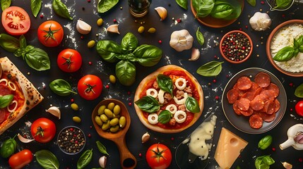 Food ingredients and spices for cooking delicious pizza