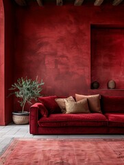 Elegant Red Living Room Interior with Velvet Sofa