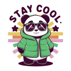 A cute cartoon illustration of a panda wearing a  puffy coat AND SUN GLASES with the text 