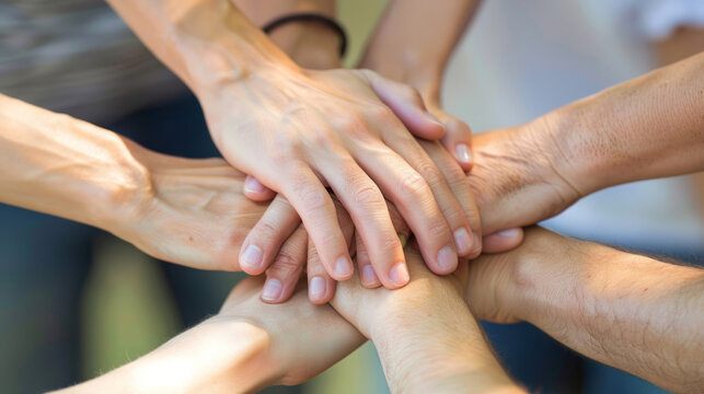 Multiple hands touching in gesture of unity and solidarity