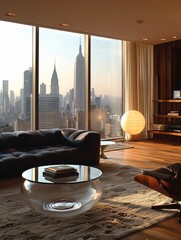 Modern Living Room with Panoramic City Skyline View