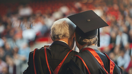 life achievement, father standing proudly with his graduate son on graduation day 