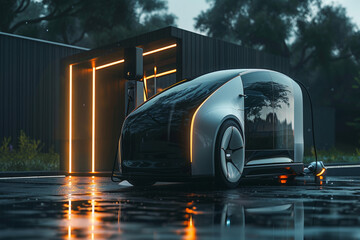 A futuristic car is parked in front of a building
