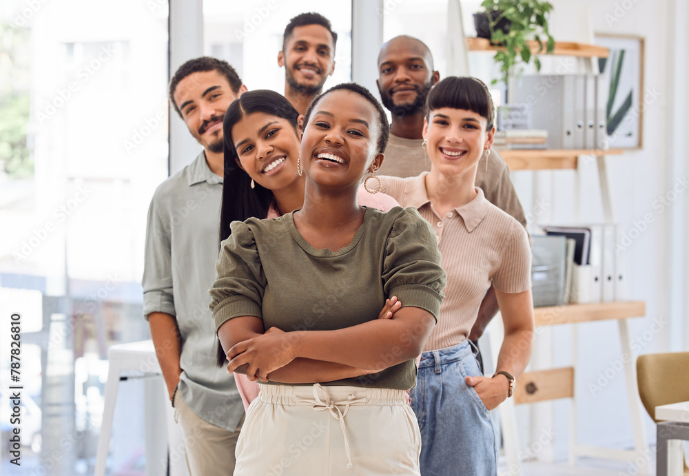 Poster Teamwork, happy and portrait of business people in office for about us, collaboration and leadership. Creative workplace, diversity and men and women with crossed arms for company pride and startup