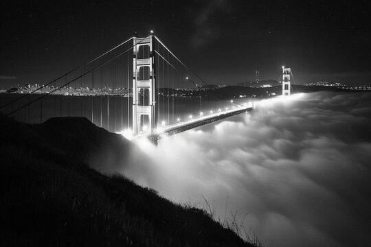 Fototapeta Black and White view of the Golden Gate Bridge at night with silky low fog around the tower.